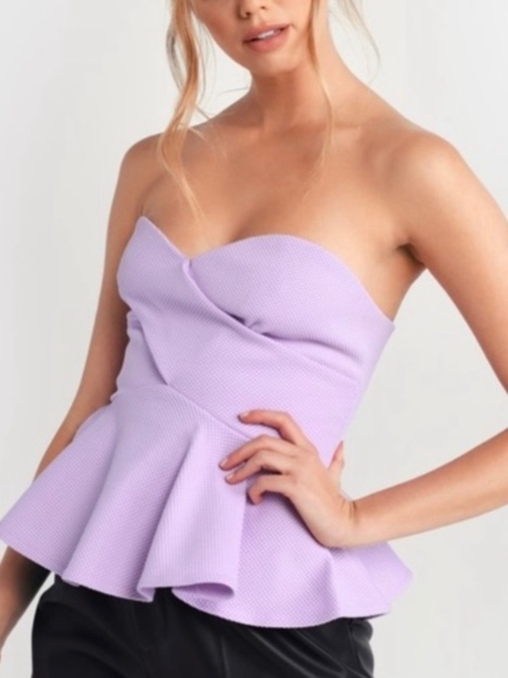 Tobi Lilac Strapless Peplum Top Sweetheart Neckline Stretchy Light Purple Sze XS